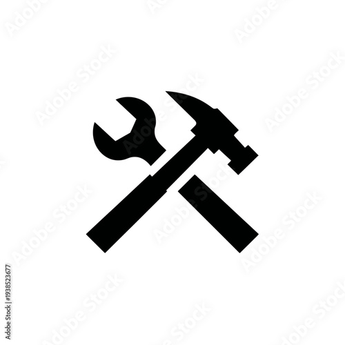 Simple black graphic featuring a wrench and hammer overlapping each other diagonally on a white background