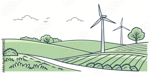 Wind turbines generating clean energy in a lush green field with a blue sky. Vector