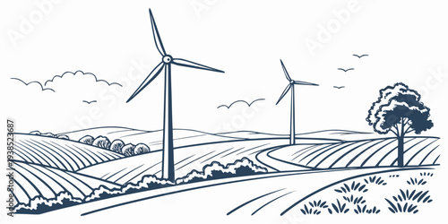Wind turbines generating clean energy on a windy hillside landscape Vector