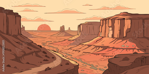 A vast desert landscape with towering rock formations under a clear sky Vector
