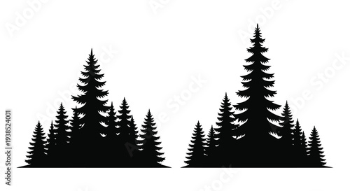 Silhouetted evergreen trees create a simple graphic forest scene against a white background high quality professional