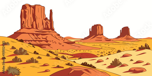 A vast and arid desert landscape with towering red rock formations under a clear blue sky Vector