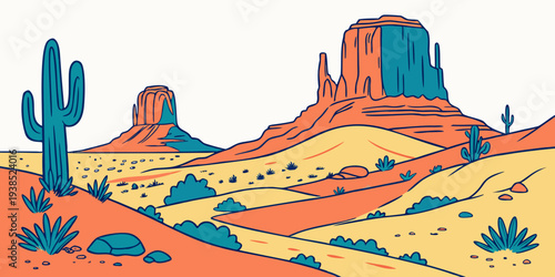 A vibrant and colorful illustration of a desert landscape with iconic red rock formations Vector