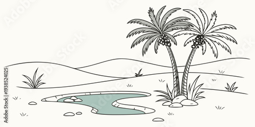 A serene tropical landscape with palm trees and a small pond Vector