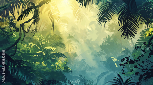 Vibrant illustration of a lush tropical forest with sunlight streaming through