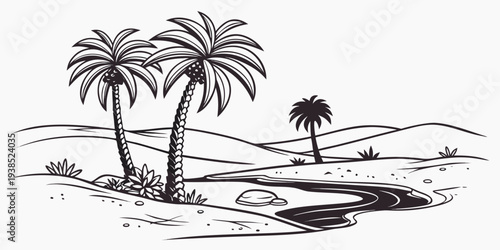 A serene tropical landscape with palm trees and a calm body of water. Vector