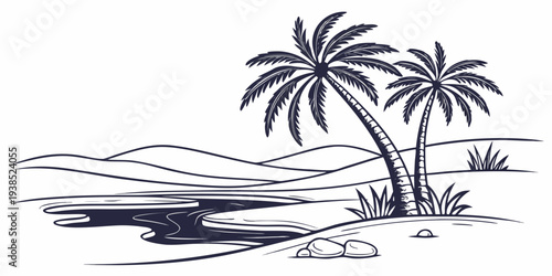 A serene beach scene with palm trees and a calm ocean under a clear sky Vector