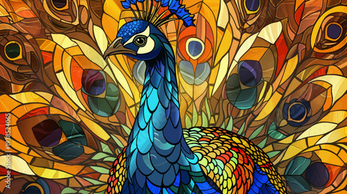 Vibrant peacock with ornate feathers in stained glass style illustration