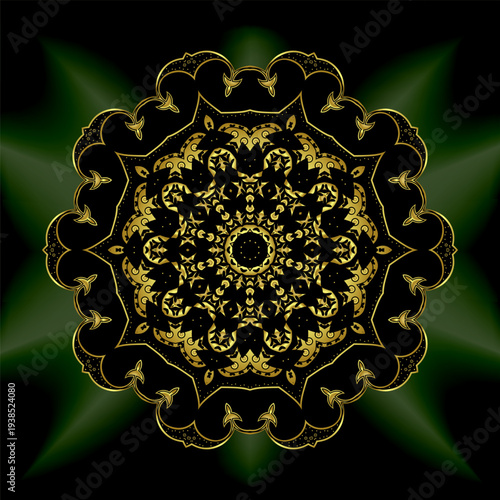 gold mandala mantra om. Indian pattern decorative vector elements. Round golden flower. emerald glow