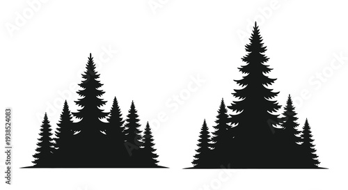 Black silhouette illustration depicting two groupings of coniferous evergreen trees against a white background high quality