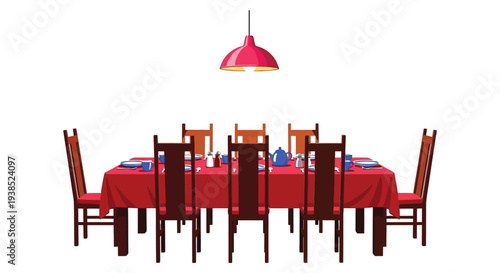 A brightly lit dining table is set for a meal with chairs surrounding it high quality
