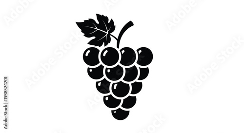 A cluster of dark grapes with a single leaf black silhouette