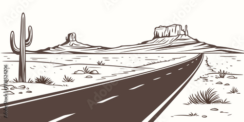 A scenic desert highway with cacti and distant mountains under a clear sky. Vector