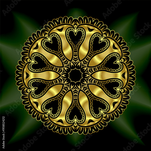 gold mandala mantra om. Indian pattern decorative vector elements. Round golden flower. emerald glow