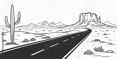 A solitary road stretches into the distance, flanked by cacti and desert terrain. Vector