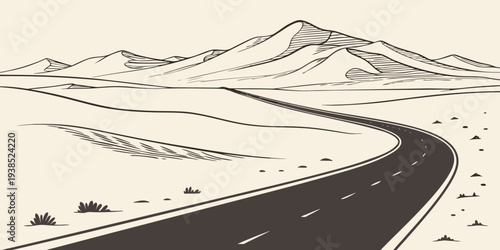 A winding road leading to a majestic mountain range under a clear sky Vector