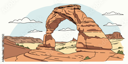 A majestic archway in a desert landscape with a clear blue sky overhead. Vector