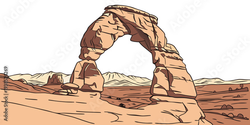 A majestic sandstone arch stands tall against a clear blue sky in a desert landscape Vector
