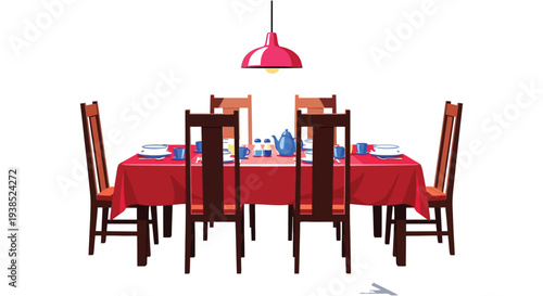 A brightly lit dining table set for a meal with chairs surrounding it in a simple setting