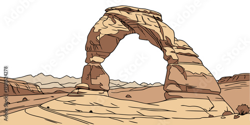A majestic sandstone arch formation stands tall in a vast desert landscape. Vector