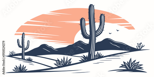 A serene desert landscape with a lone cactus and distant mountains under a vibrant sunset sky Vector