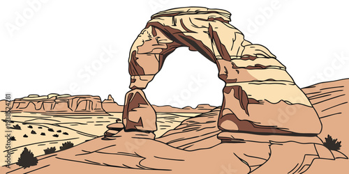 A majestic arch formation stands tall in a vast desert landscape under a clear blue sky. Vector