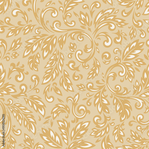 Golden Floral Scroll Seamless Pattern. Ornate Arabesque and Damask Motifs with Botanical Swirls. Decorative Ethnic Texture Vector Handmade Illustration.