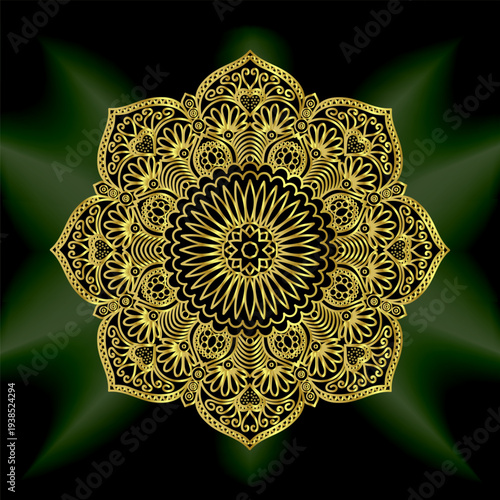 gold mandala mantra om. Indian pattern decorative vector elements. Round golden flower. emerald glow