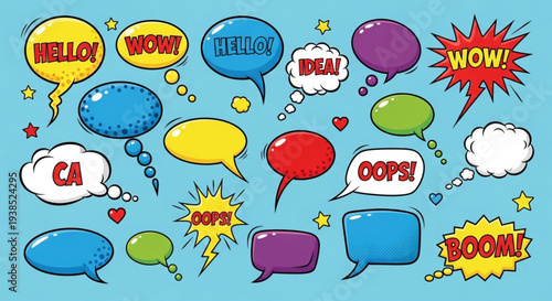 Collection of colorful comic book speech bubbles with various words and sounds.