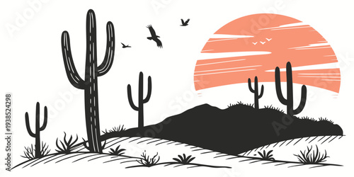 Two birds flying over a desert landscape with cacti and a sunset in the background. Vector