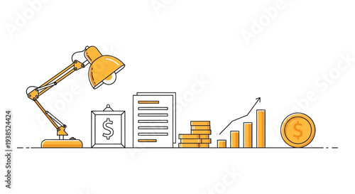 Illustration depicting financial growth studying and success with a lamp books and charts high quality professional