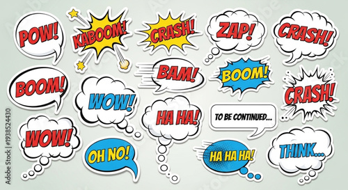 Collection of comic book speech bubbles with various sound effects.