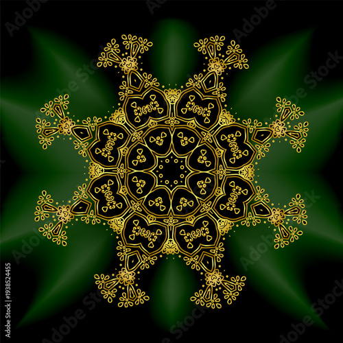 gold mandala mantra om. Indian pattern decorative vector elements. Round golden flower. emerald glow