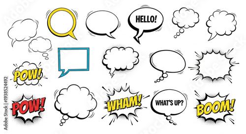 Collection of Comic Book Speech Bubbles and Sound Effects.