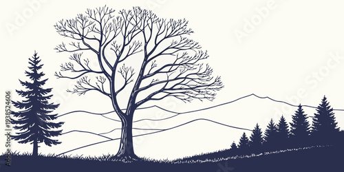 A majestic tree stands tall in a serene forest landscape with snow on the branches. Vector