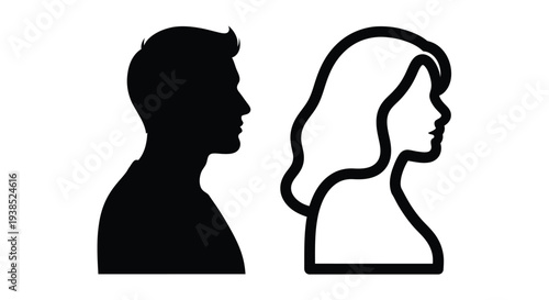 Profile views of a man and woman in a stark black silhouette