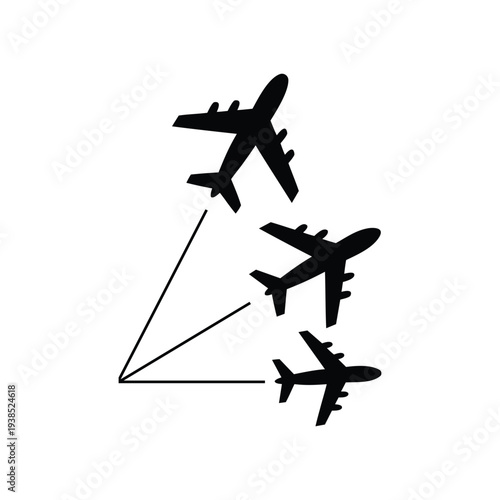 Airplane Flight Path Vector Illustration, Aircraft Movement Direction Diagram with Plane Silhouettes