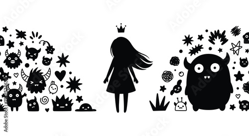 A whimsical illustration featuring monsters a crowned figure and scattered stars in black silhouette high quality