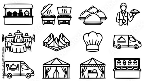 Catering service icons set vector illustration for food delivery and event management businesses