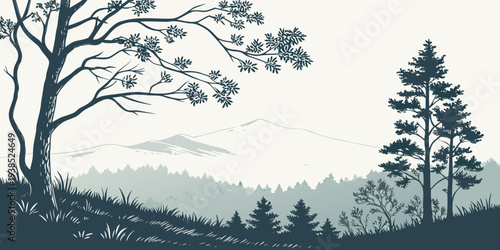 A serene landscape of tall trees overlooking a vast valley under a clear sky Vector