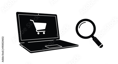 Online shopping concept with laptop and magnifying glass silhouette