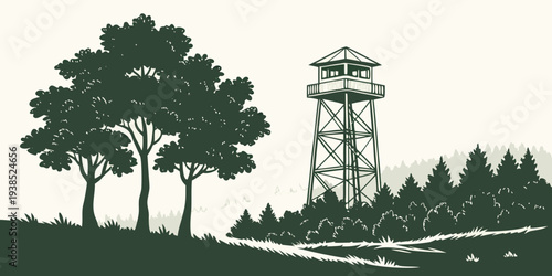 A tall wooden observation tower surrounded by a dense forest of trees. Vector