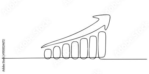 Business growth bar chart continuous one line art drawing and growth bar chart icon simple outline vector illustration, Minimalist line art of growing bar graph with arrow and stick figures displaying