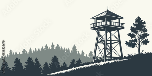 A tall wooden watchtower stands amidst a dense forest of tall trees. Vector