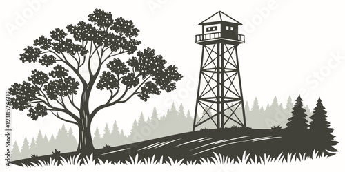 A tall tower stands on a hill surrounded by trees in a serene landscape. Vector