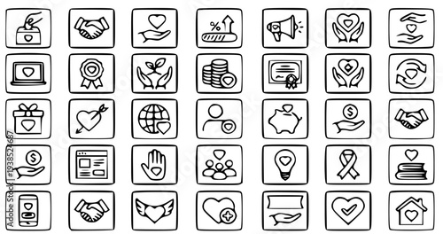 Charity fundraising icon set in flat design style including donation, giving, and support symbols for non-profit organizations and NGO landing pages