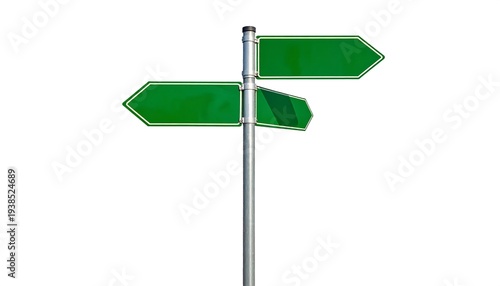 Two green arrow signs pointing different directions affixed to a silver pole, presented on a white background