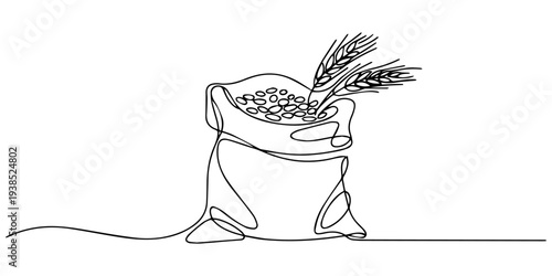 Burlap sack with wheat grains continuous one line drawing, akery pastry products continuous one line illustration. Isolated on transparent background, Sack of Flour with Scoop and Spikelets vector pro