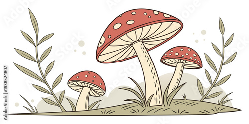 A cluster of red and white mushrooms growing in a grassy field with green leaves Vector