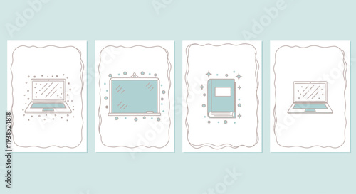 Education Icons: Laptop, Blackboard, Book Collection on Light Blue Background